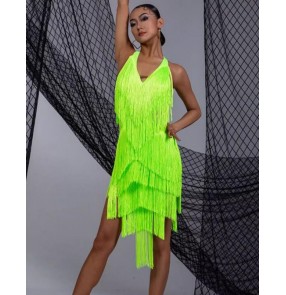 Women girls green black fringe latin salsa dance dresses samba chacha rumba ballroom stage performance costumes for female